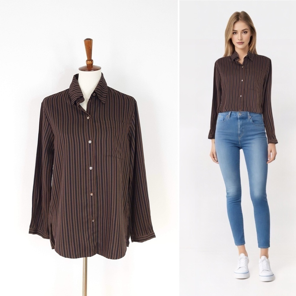 Neu Nomads | Button Down Boyfriend Shirt in Brown, Black Stripe